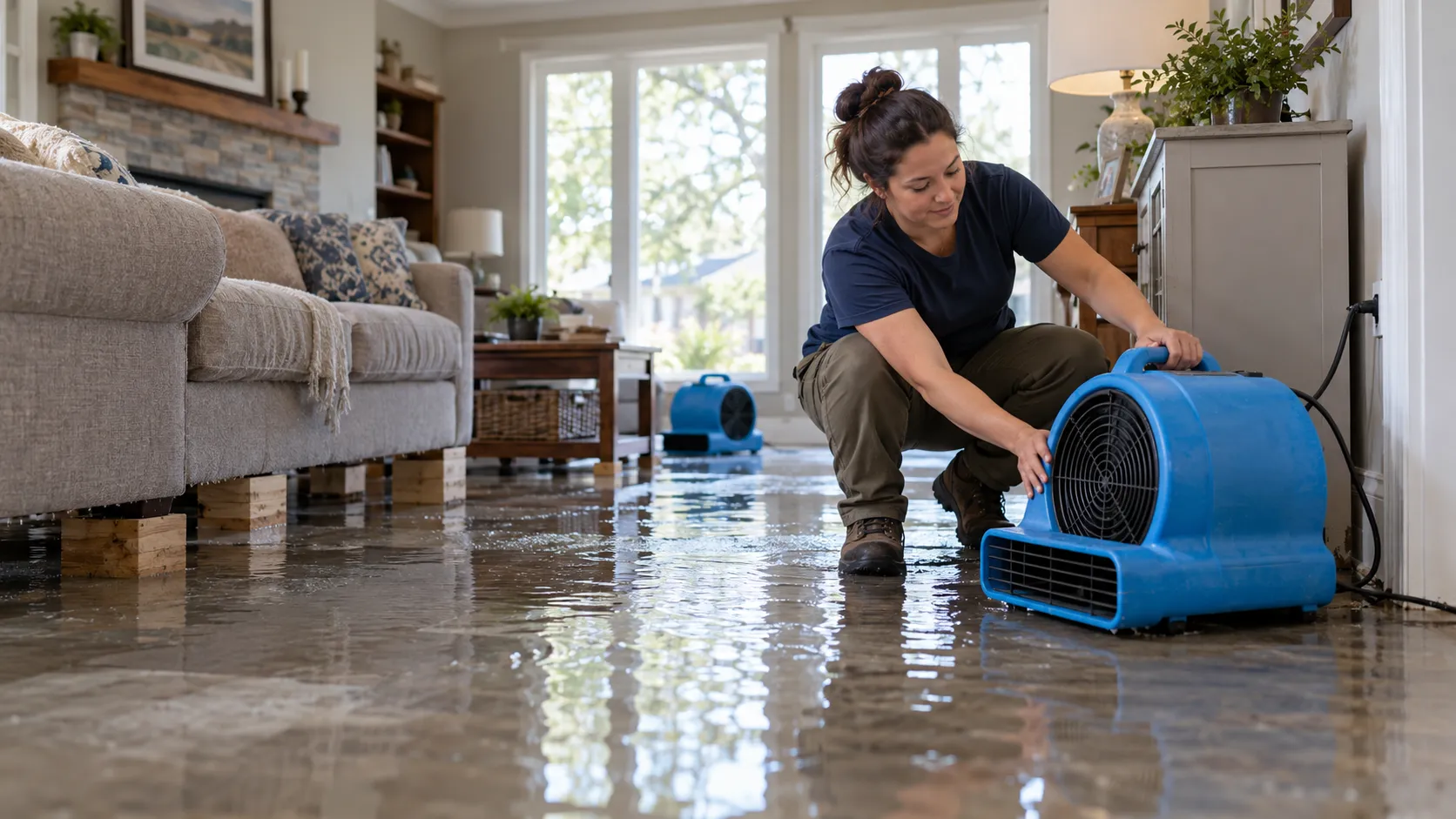 Water damage restoration technician drying a flooded living room in Wilmington